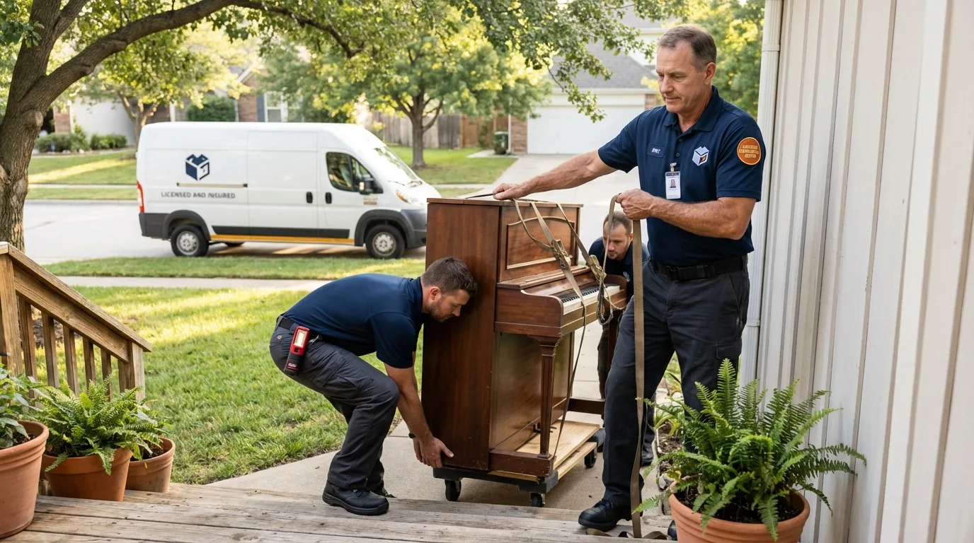 Licensed piano movers securing grand piano in Arcadia, IN